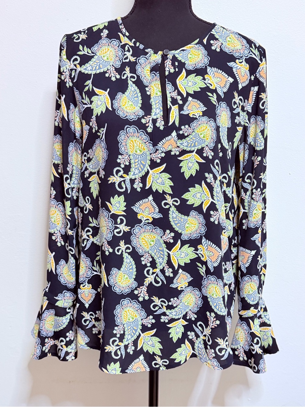 LOFT Black Blue Paisley Tie-Neck Long Sleeve Blouse Medium